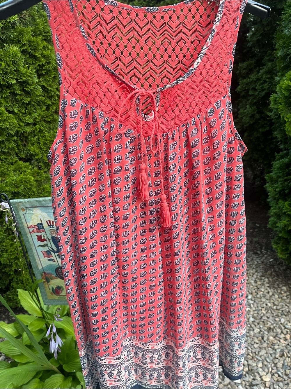 As U Wish Women’s Coral Printed Sleeveless Boho Top with Tassel Tie Size Medium